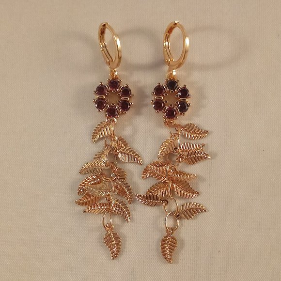 18K Yellow Gold Filled Flower Ruby Red Diamond Zircon Tassel Dangle Earrings - Picture 3 of 6